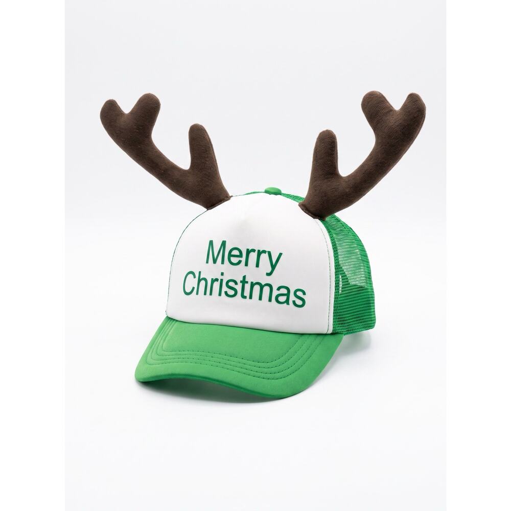 NWT Momentum Brands Men's OS Christmas Green White Snapback Reindeer Trucker Hat